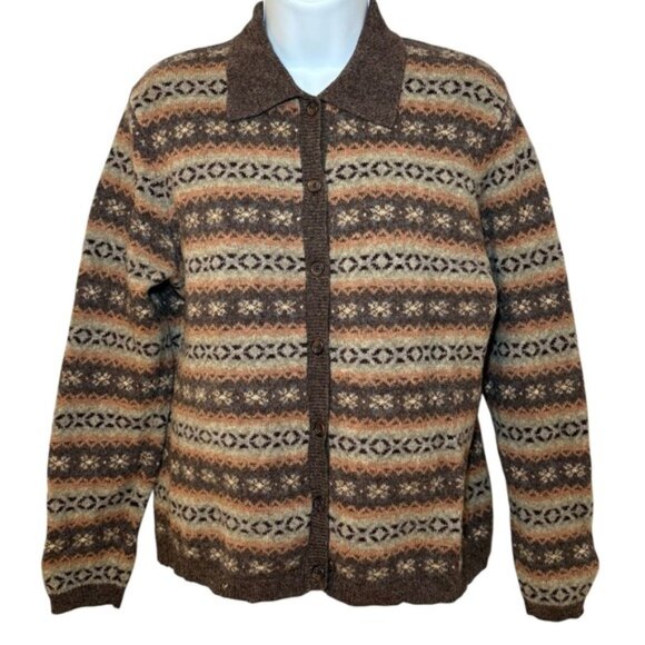 Lauren Ralph Lauren Womens Large Brown 100% Lambswool Fair Isle Cardigan Sweater - Picture 1 of 8
